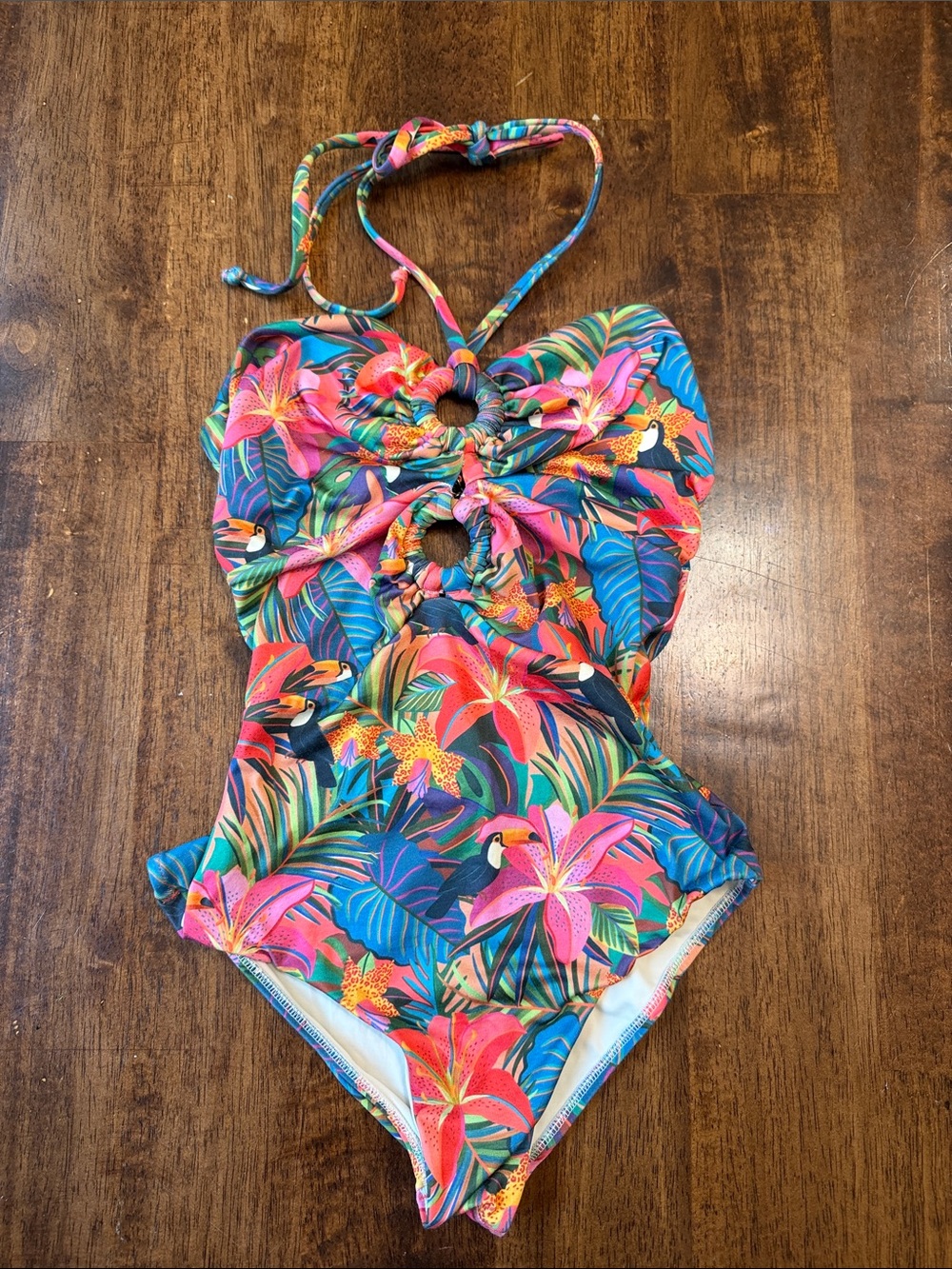 FARM Rio Tropical Floral Halter One-Piece in Pink, Blue & Green